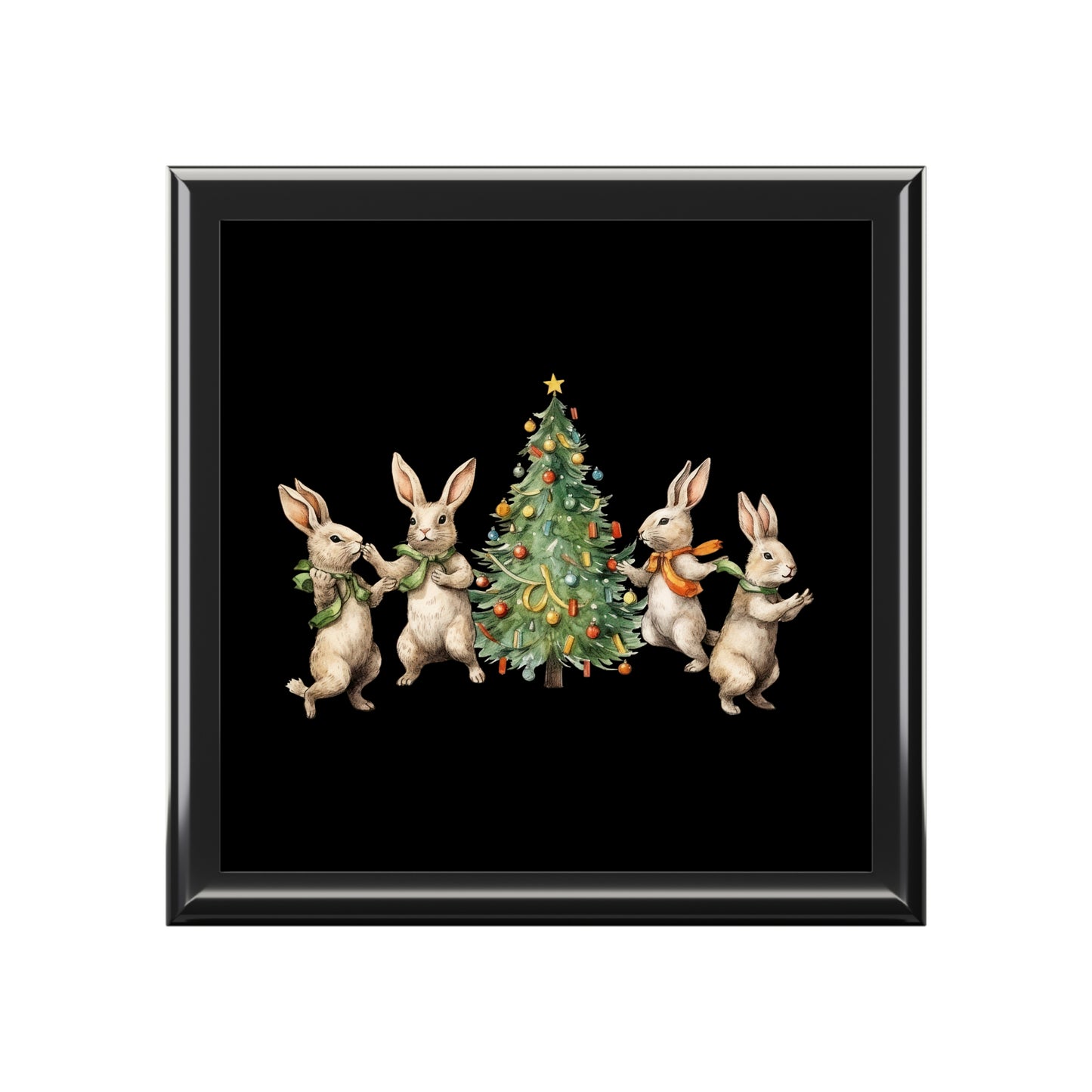 Joyero negro con cuatro conejos y árbol de Navidad