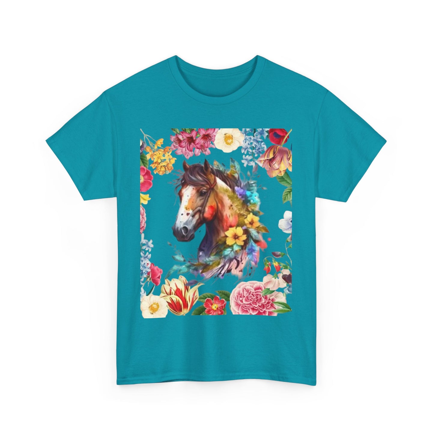 Camiseta unisex de algodón grueso con diseño de caballo floral: regalo para amantes de la naturaleza, perfecta para primavera y verano.