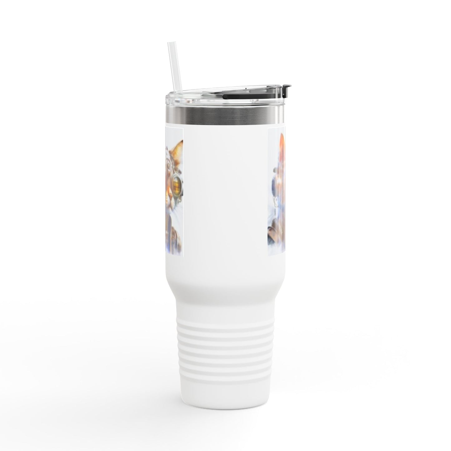 Taza de viaje aislada, 40 oz, gato futurista con metal