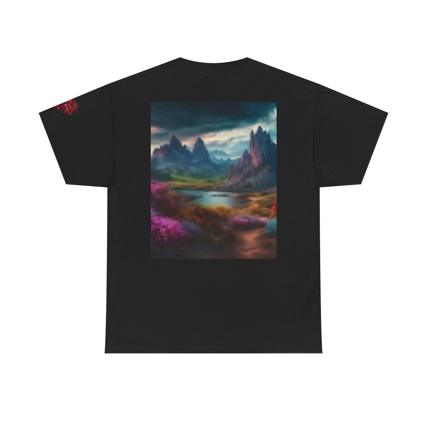Camiseta unisex de algodón grueso Artistic Wilderness: diseño vibrante de aves y paisaje escénico