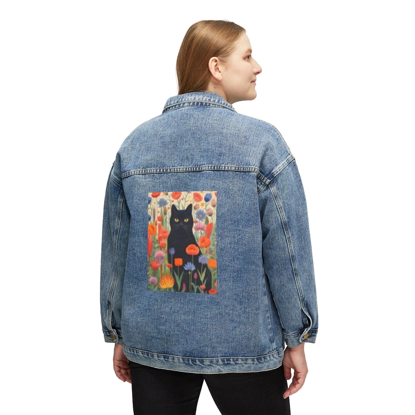 Chaqueta vaquera para mujer con diseño floral de gato: prenda informal de moda