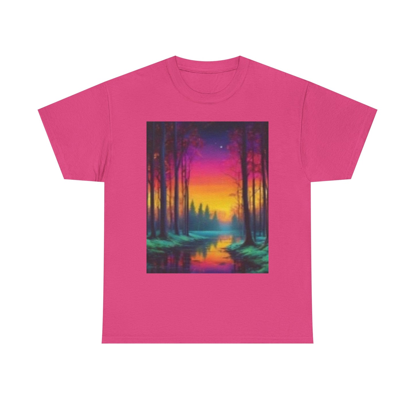 Camiseta unisex de algodón grueso con paisaje de atardecer vibrante