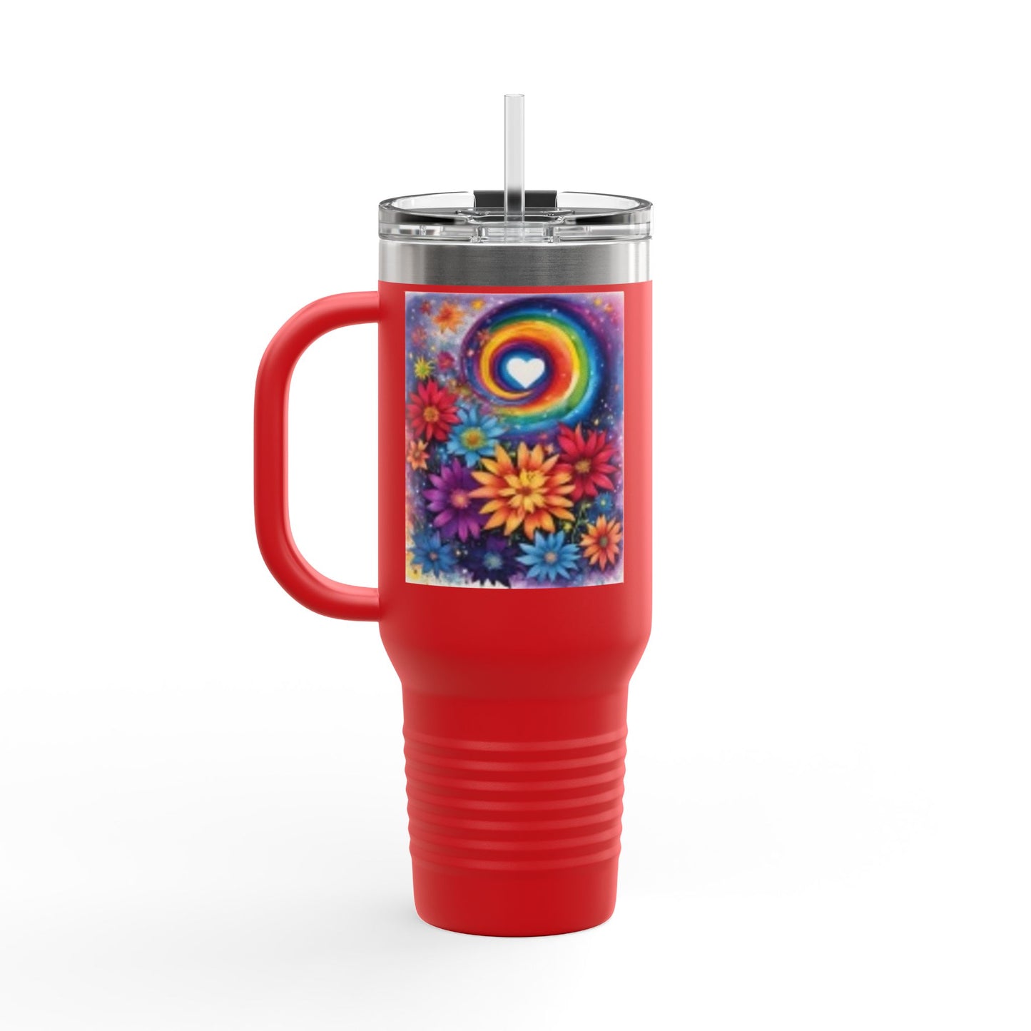 Taza térmica de viaje con diseño floral colorido - 40 oz - Diseño arcoíris