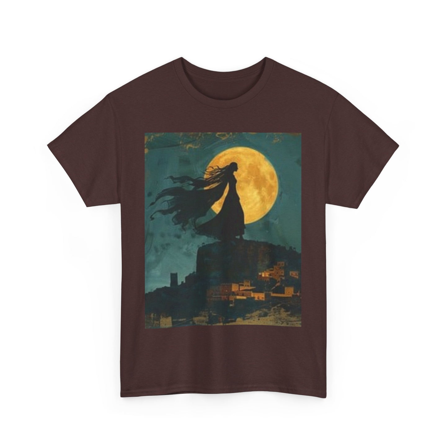 Camiseta unisex de algodón grueso con diseño de Luna Mística y Pájaro - Diseño Noche Encantada