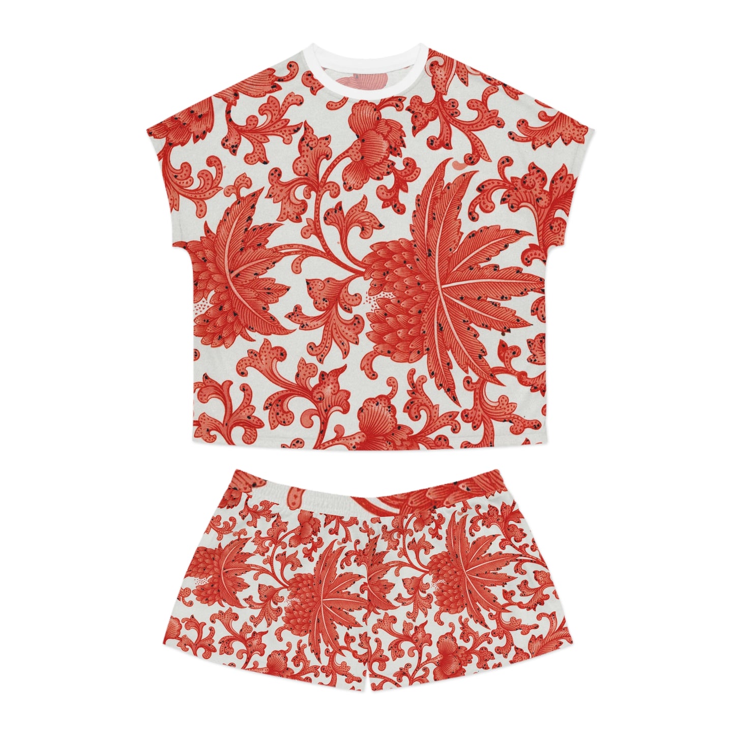 Conjunto de pijama corto para mujer con hojas rojas de fantasía