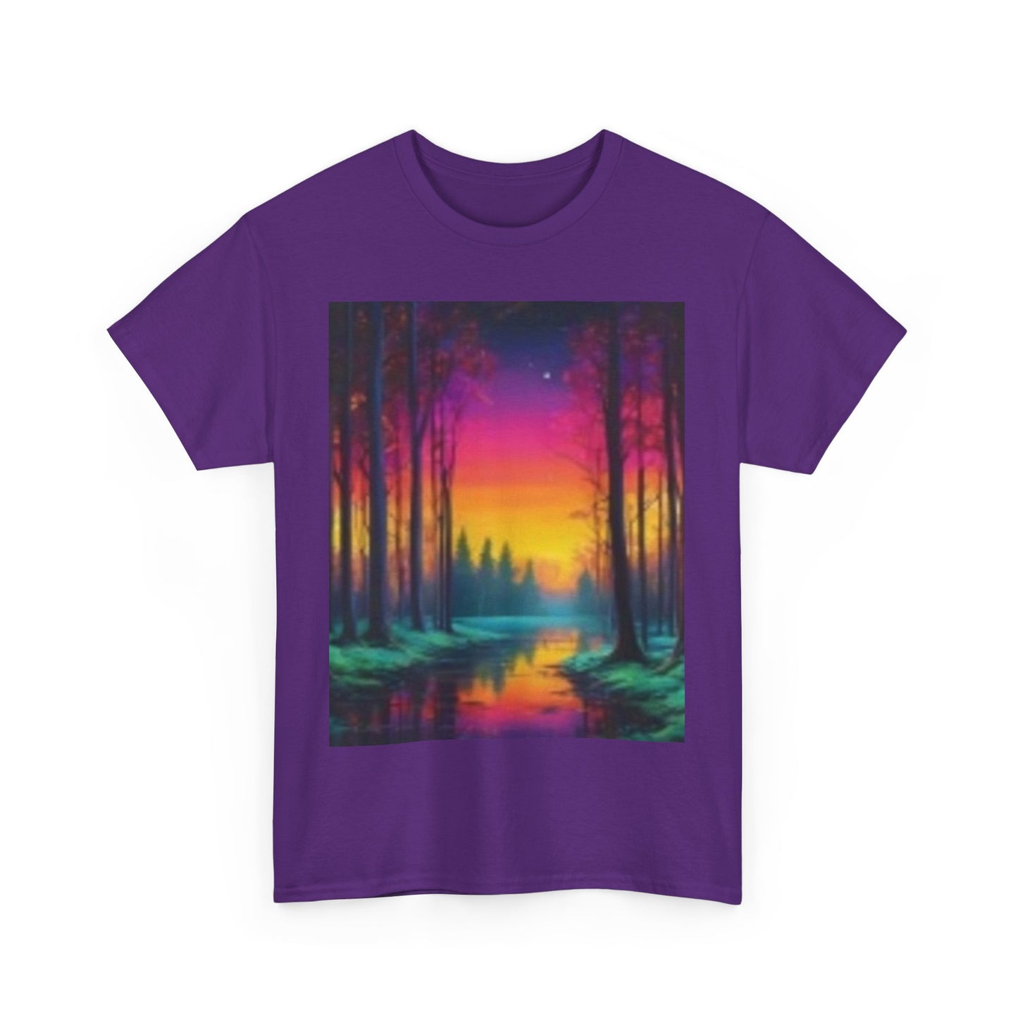 Camiseta unisex de algodón grueso con paisaje de atardecer vibrante