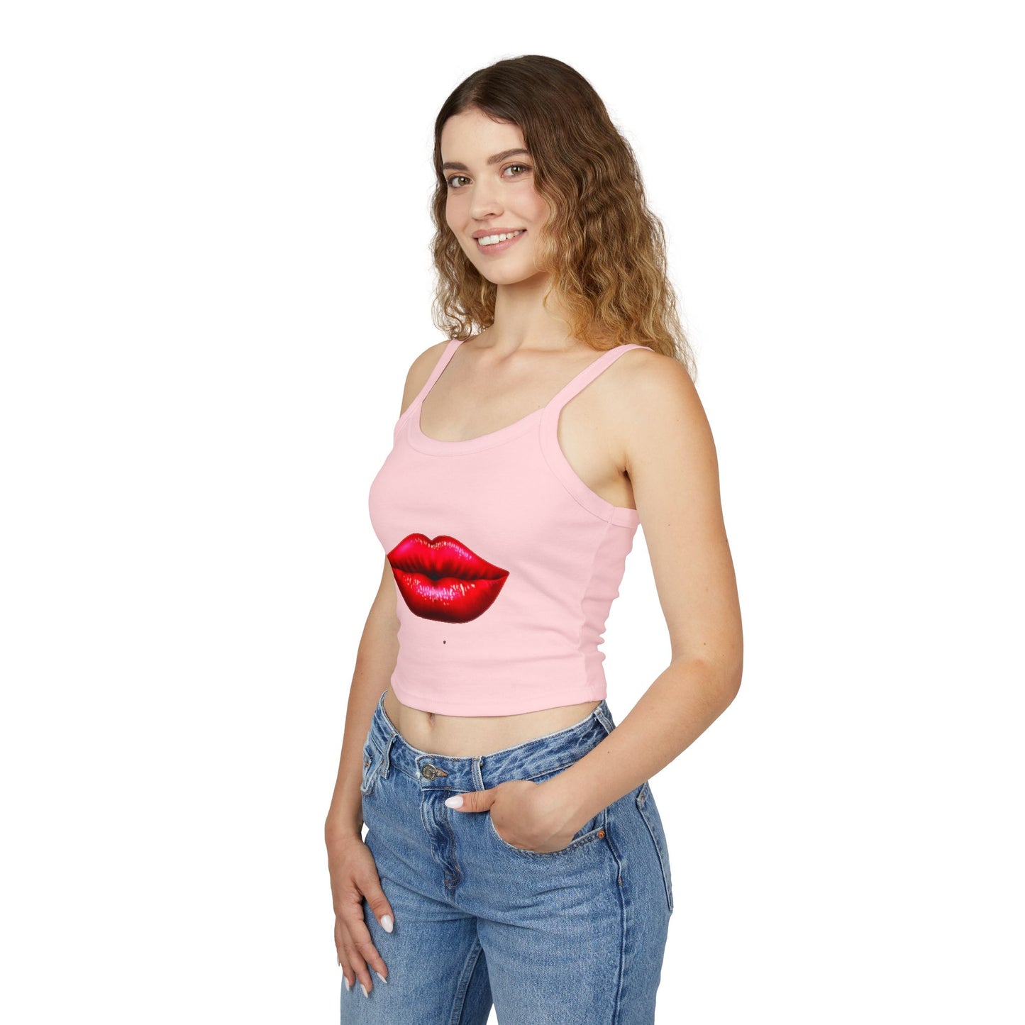 Elegante camiseta sin mangas con tirantes finos para mujer con un llamativo diseño de labios: perfecta para el verano y para salir por la noche.
