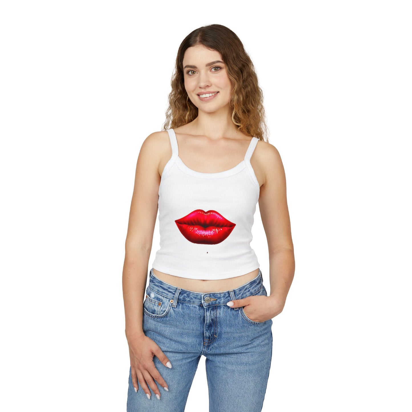 Elegante camiseta sin mangas con tirantes finos para mujer con un llamativo diseño de labios: perfecta para el verano y para salir por la noche.