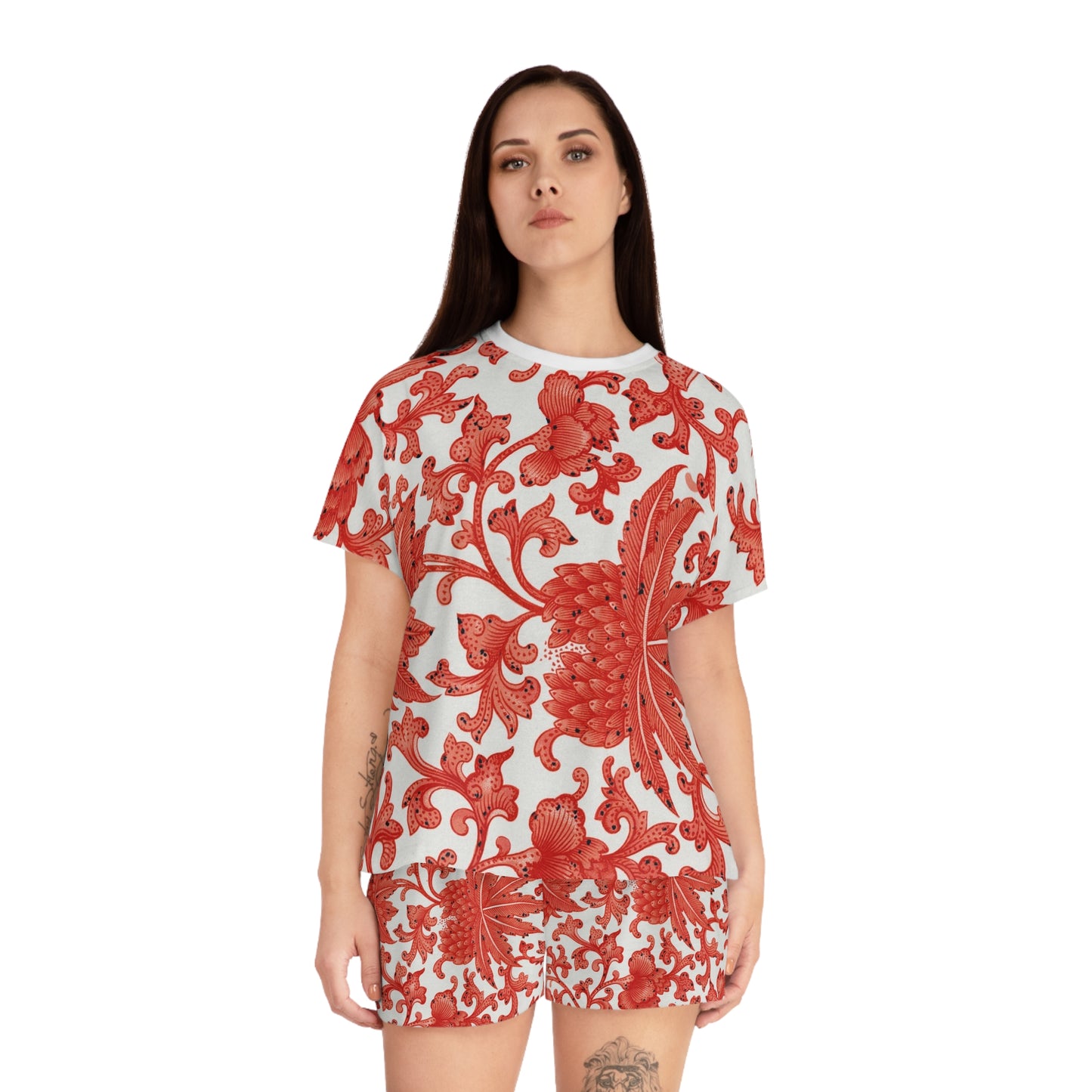 Conjunto de pijama corto para mujer con hojas rojas de fantasía
