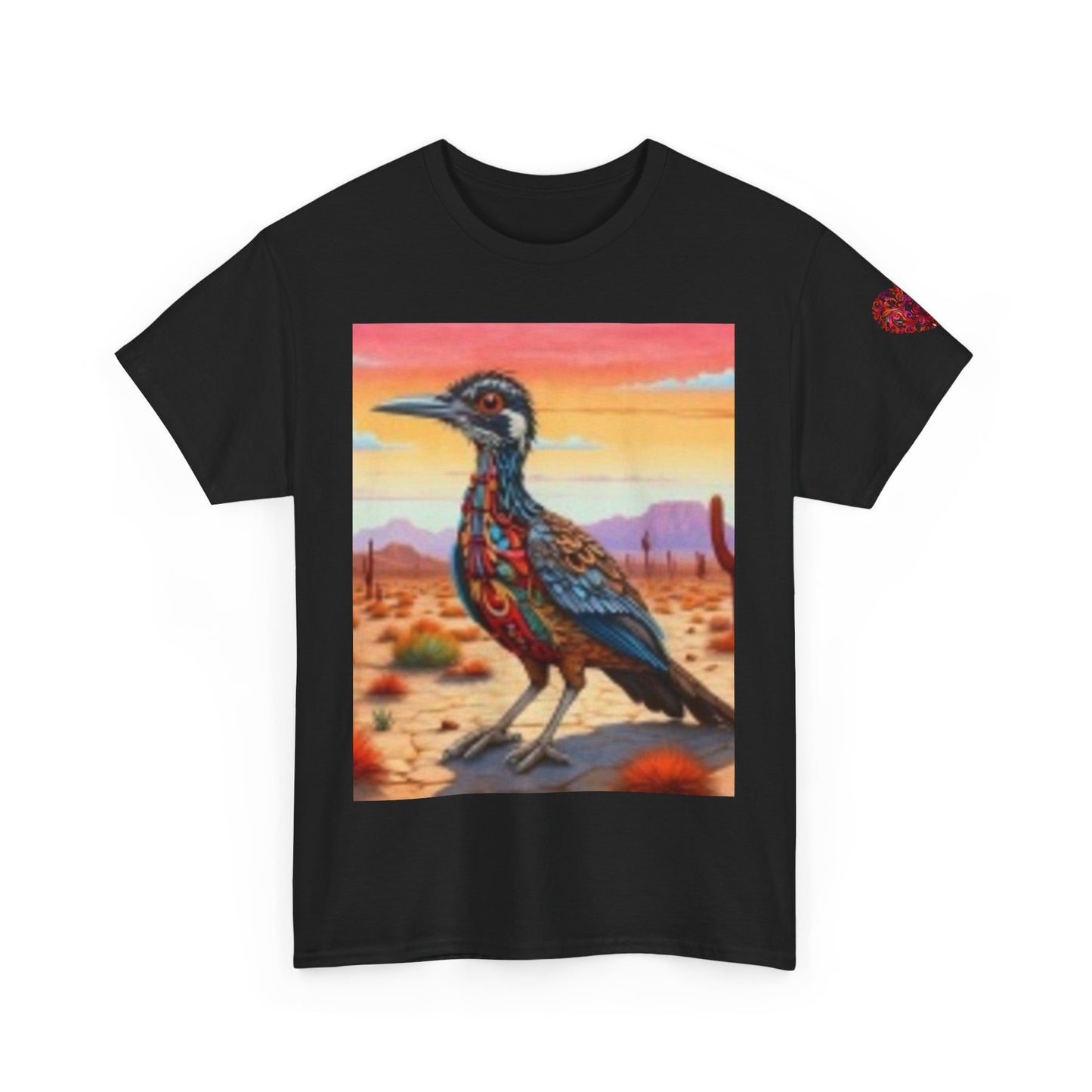 Camiseta unisex de algodón grueso Artistic Wilderness: diseño vibrante de aves y paisaje escénico