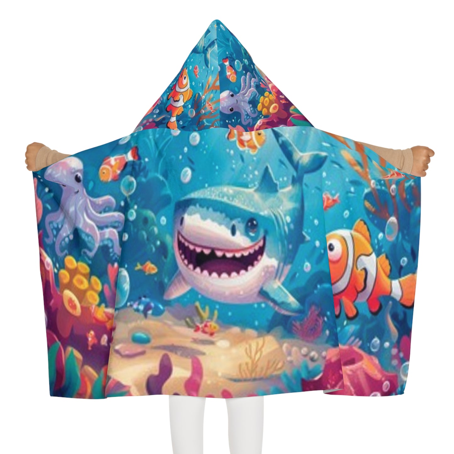 Toalla con capucha juvenil de aventura submarina - Diseño divertido de tiburón y pulpo