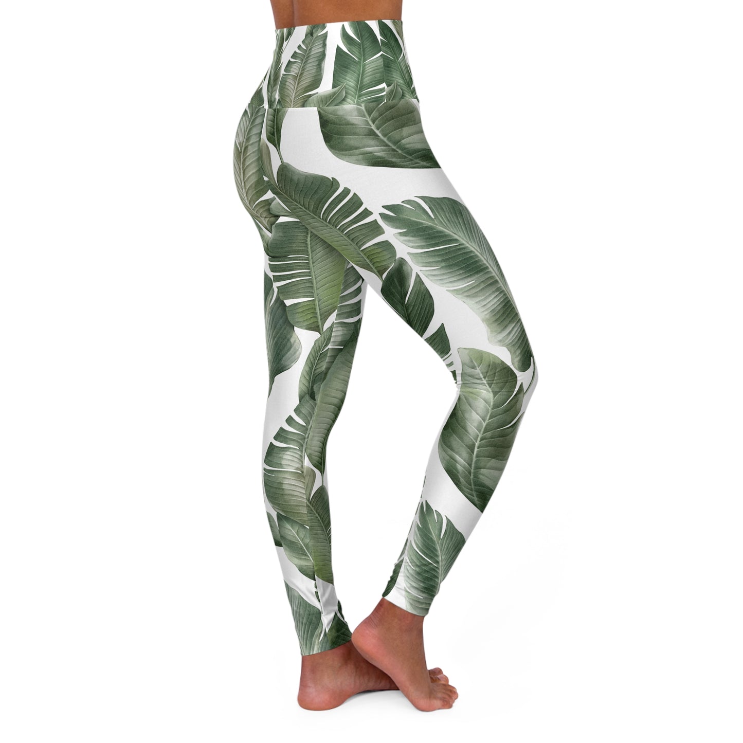 Leggings de yoga de cintura alta con hojas tropicales: perfectos para fitness y uso diario.