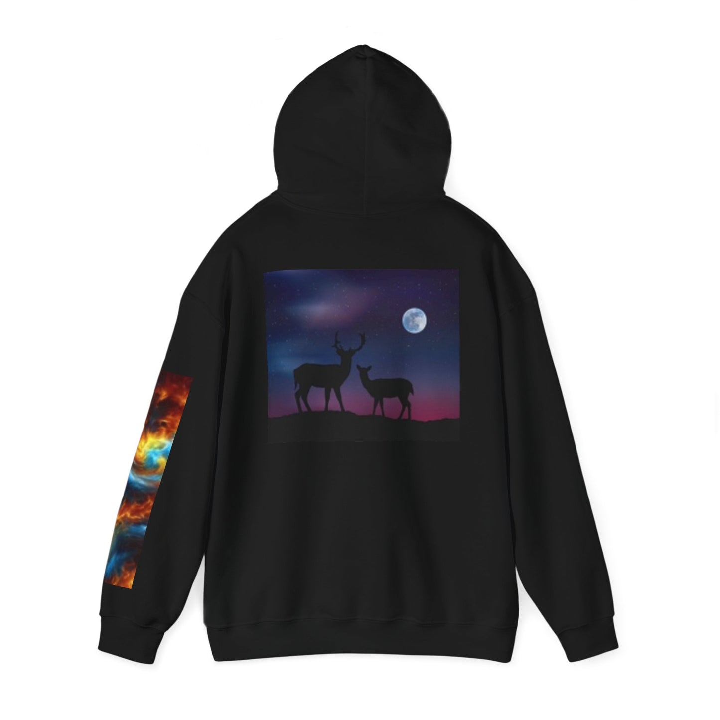Sweat à capuche vibrant sur le thème de la nature - Motifs cosmiques et silhouettes d'animaux sauvages