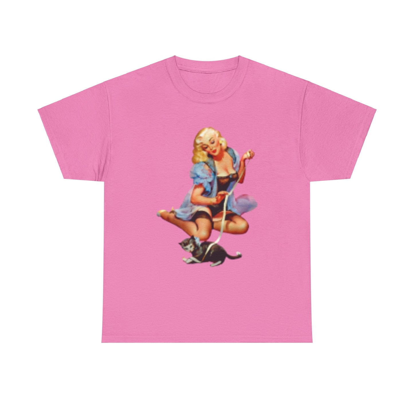 Camiseta retro sexy mujer en lencería con gato