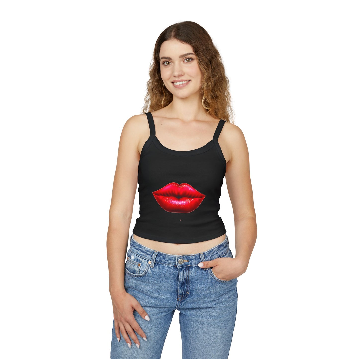 Elegante camiseta sin mangas con tirantes finos para mujer con un llamativo diseño de labios: perfecta para el verano y para salir por la noche.