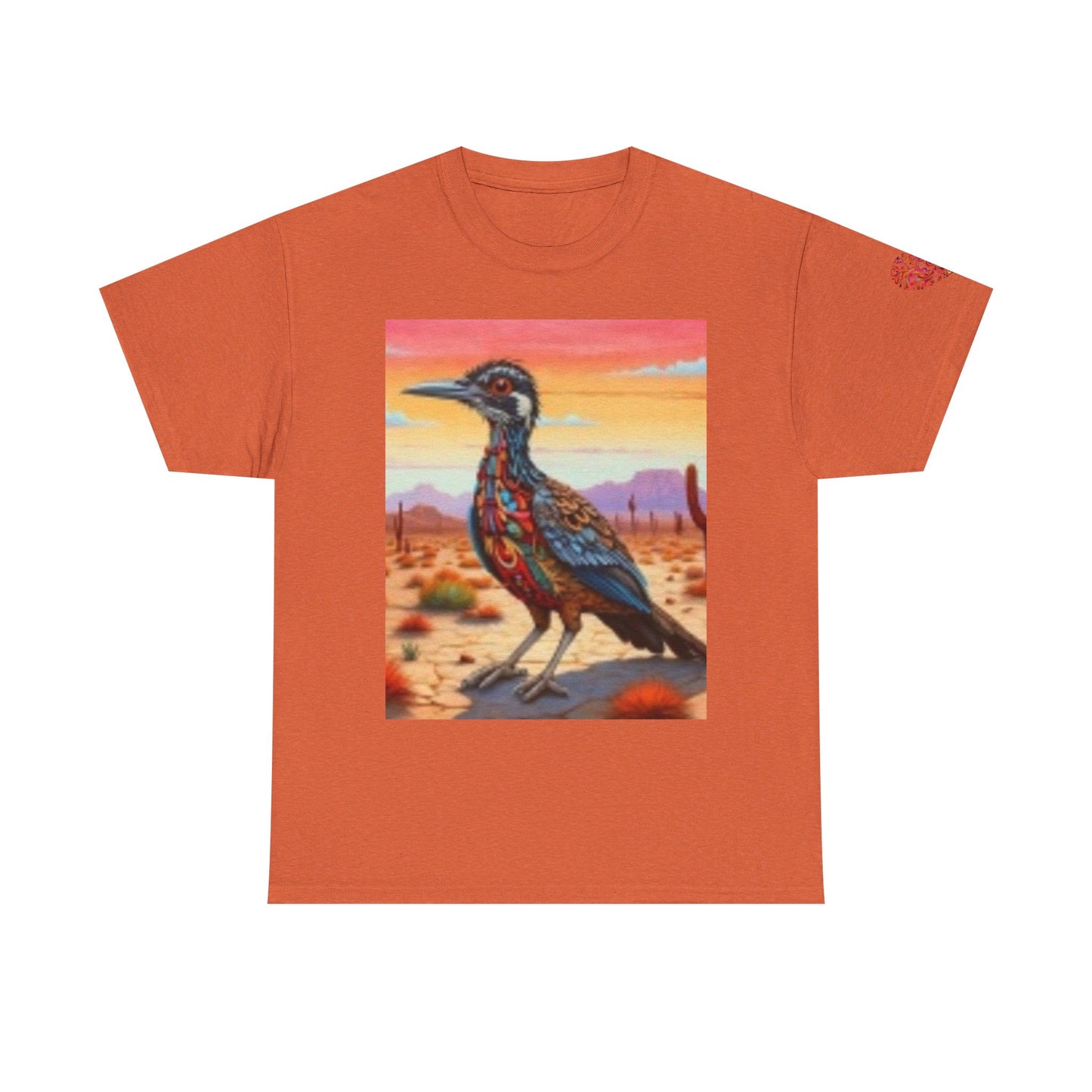 Camiseta unisex de algodón grueso Artistic Wilderness: diseño vibrante de aves y paisaje escénico