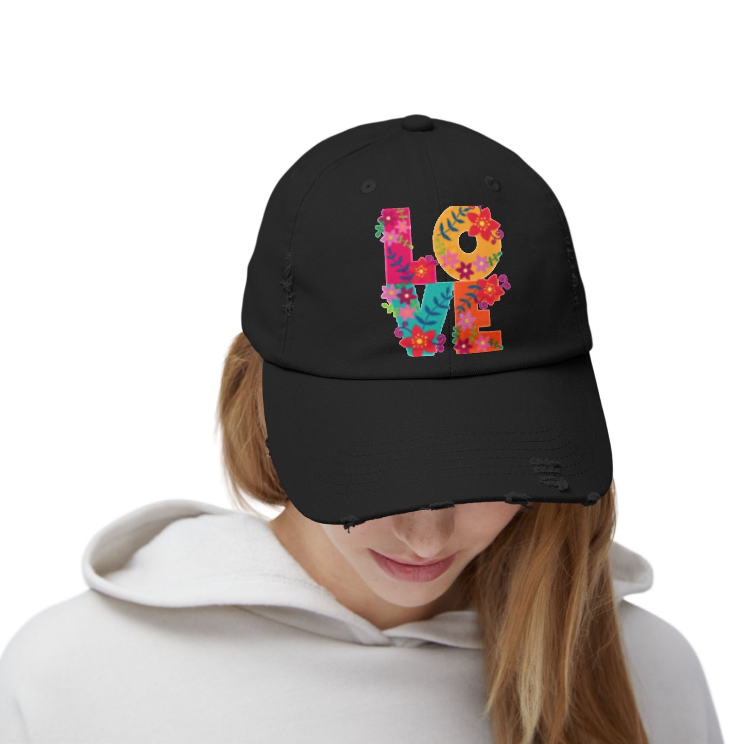 Casquette unisexe effet vieilli Floral Love - Chapeau ajustable tendance pour un style décontracté