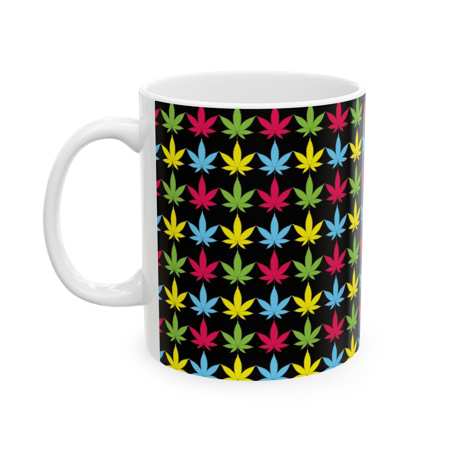 Taza de cerámica, 11 oz, hoja de marihuana, rosa, verde, azul y amarillo