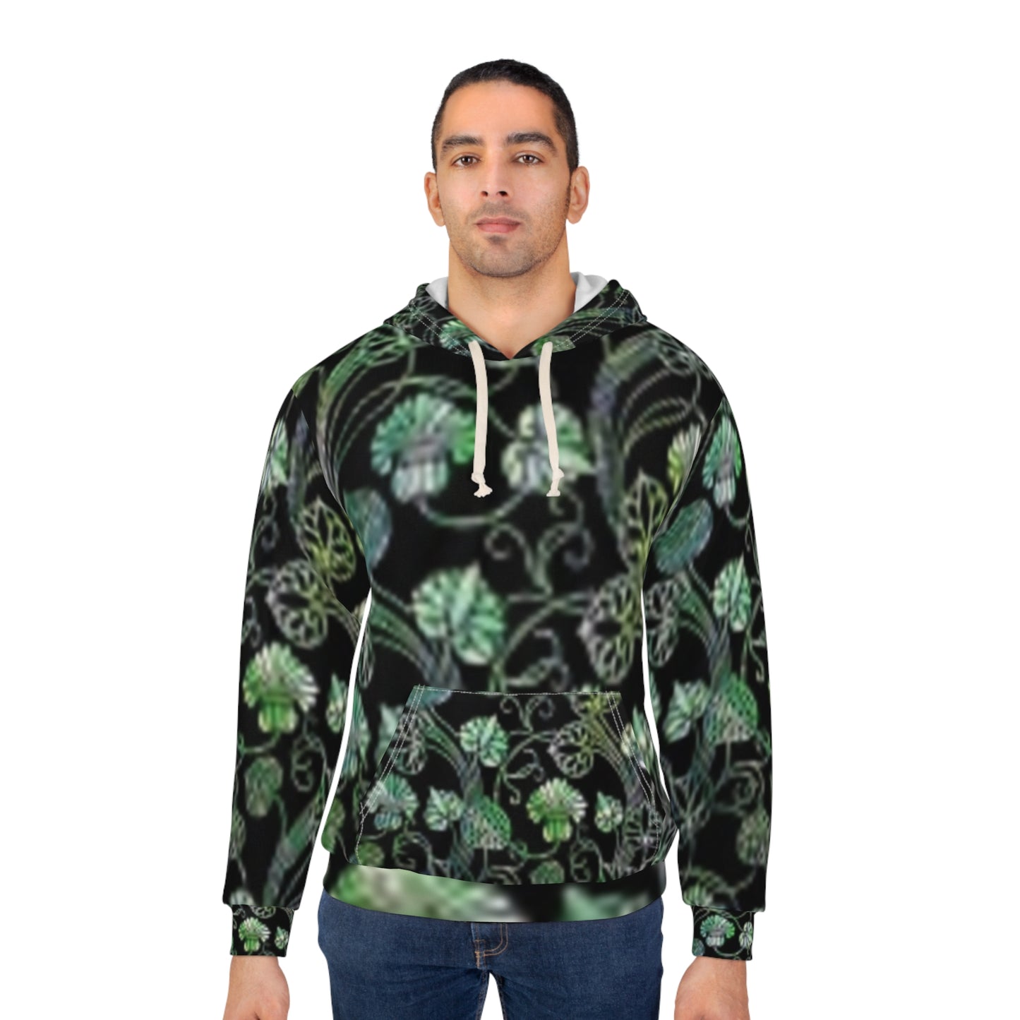 Sudadera unisex con capucha verde botánica: un acogedor diseño floral para amantes de la naturaleza.