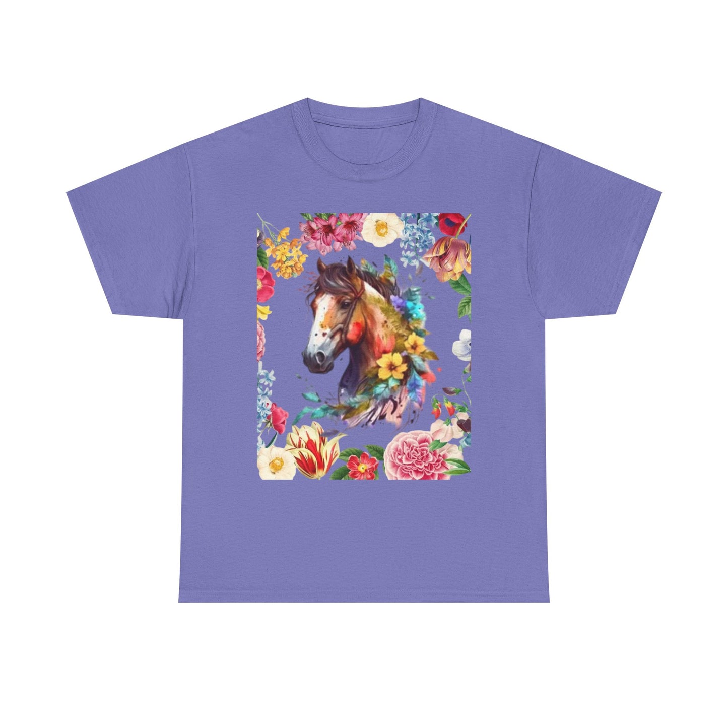 Camiseta unisex de algodón grueso con diseño de caballo floral: regalo para amantes de la naturaleza, perfecta para primavera y verano.