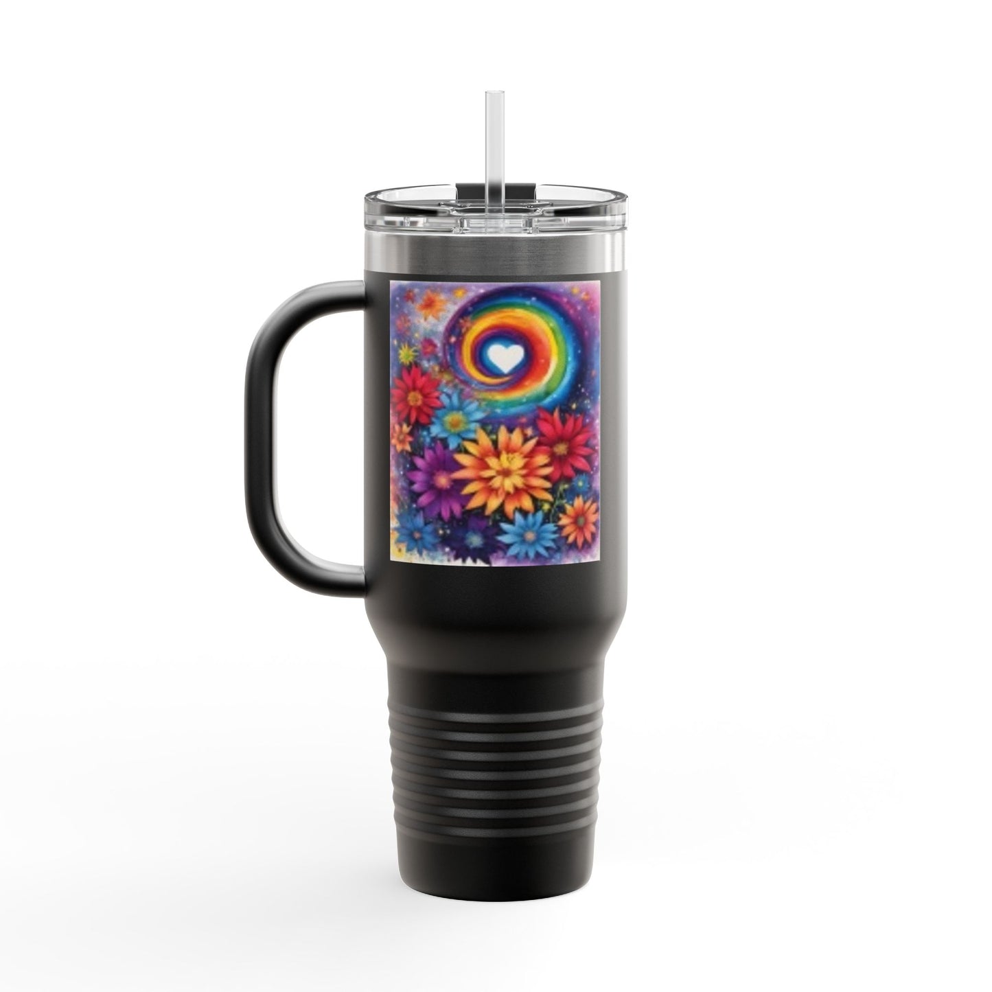 Taza térmica de viaje con diseño floral colorido - 40 oz - Diseño arcoíris