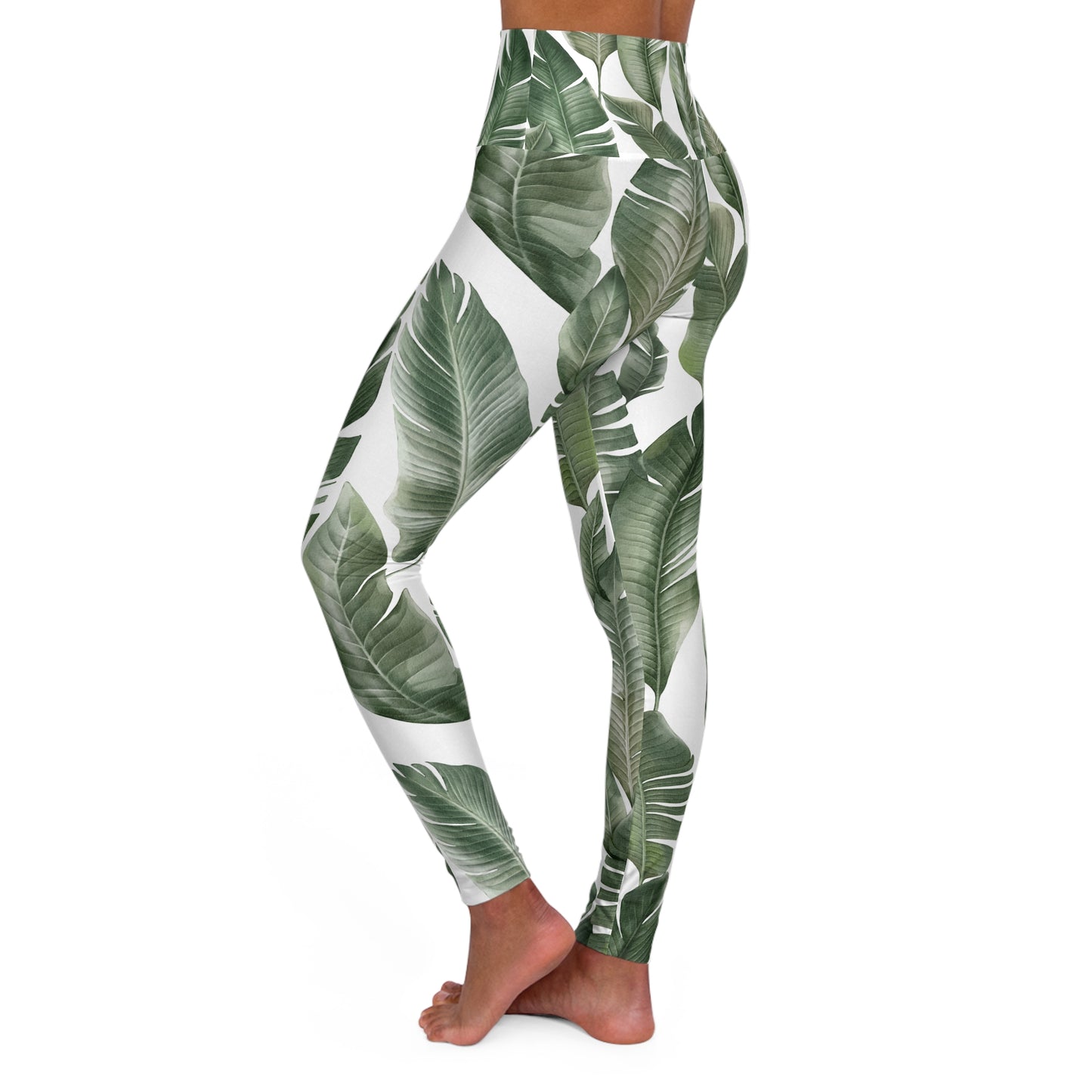 Leggings de yoga de cintura alta con hojas tropicales: perfectos para fitness y uso diario.