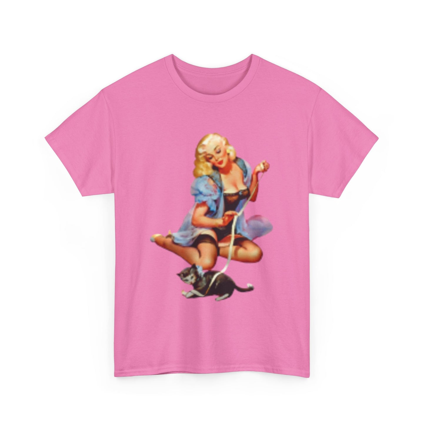 Camiseta retro sexy mujer en lencería con gato