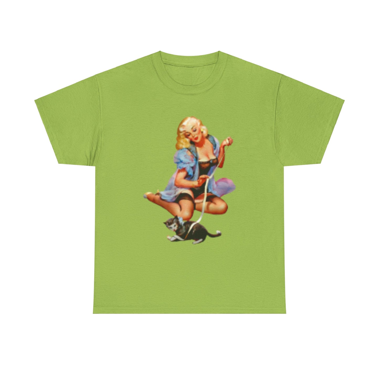 Camiseta retro sexy mujer en lencería con gato
