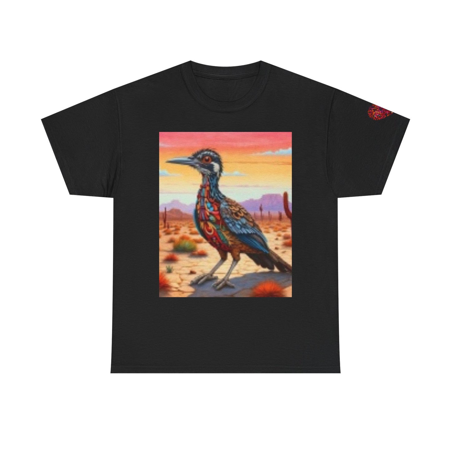 Camiseta unisex de algodón grueso Artistic Wilderness: diseño vibrante de aves y paisaje escénico