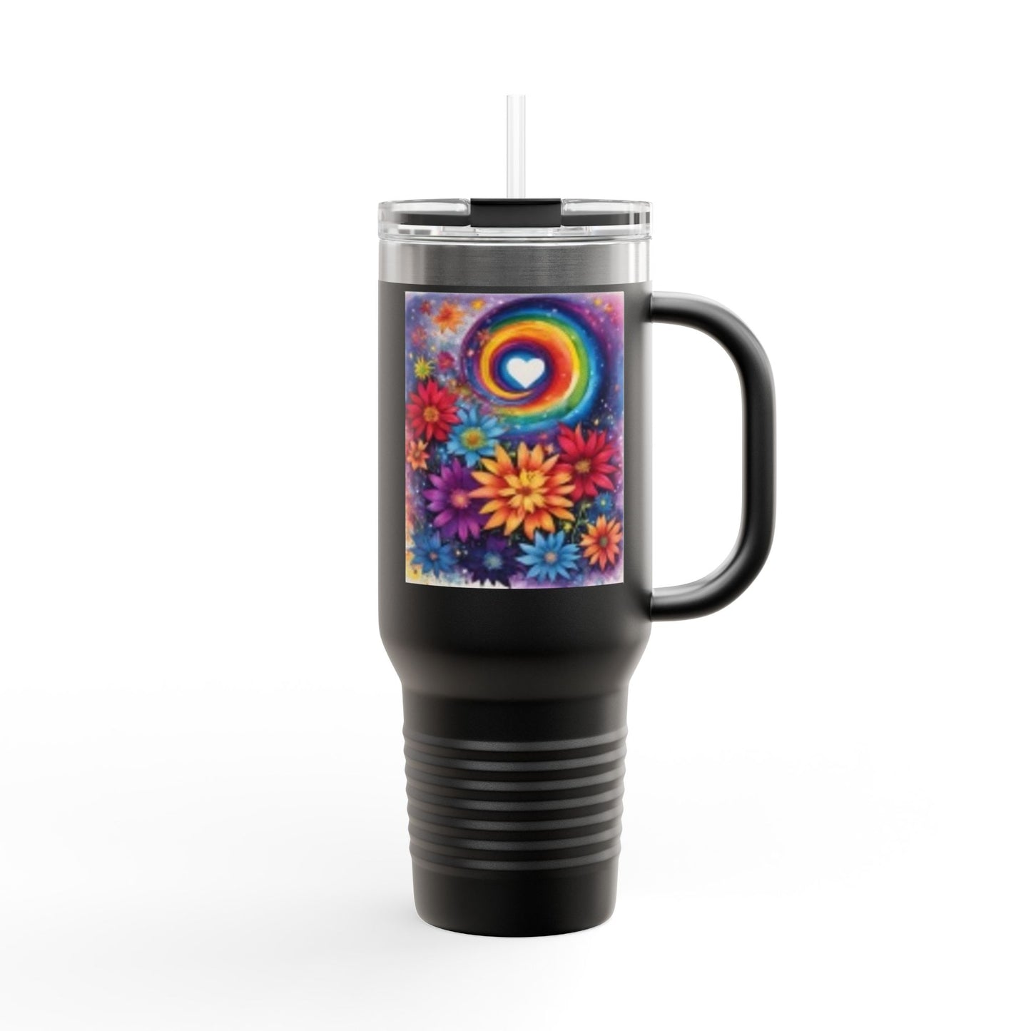 Taza térmica de viaje con diseño floral colorido - 40 oz - Diseño arcoíris