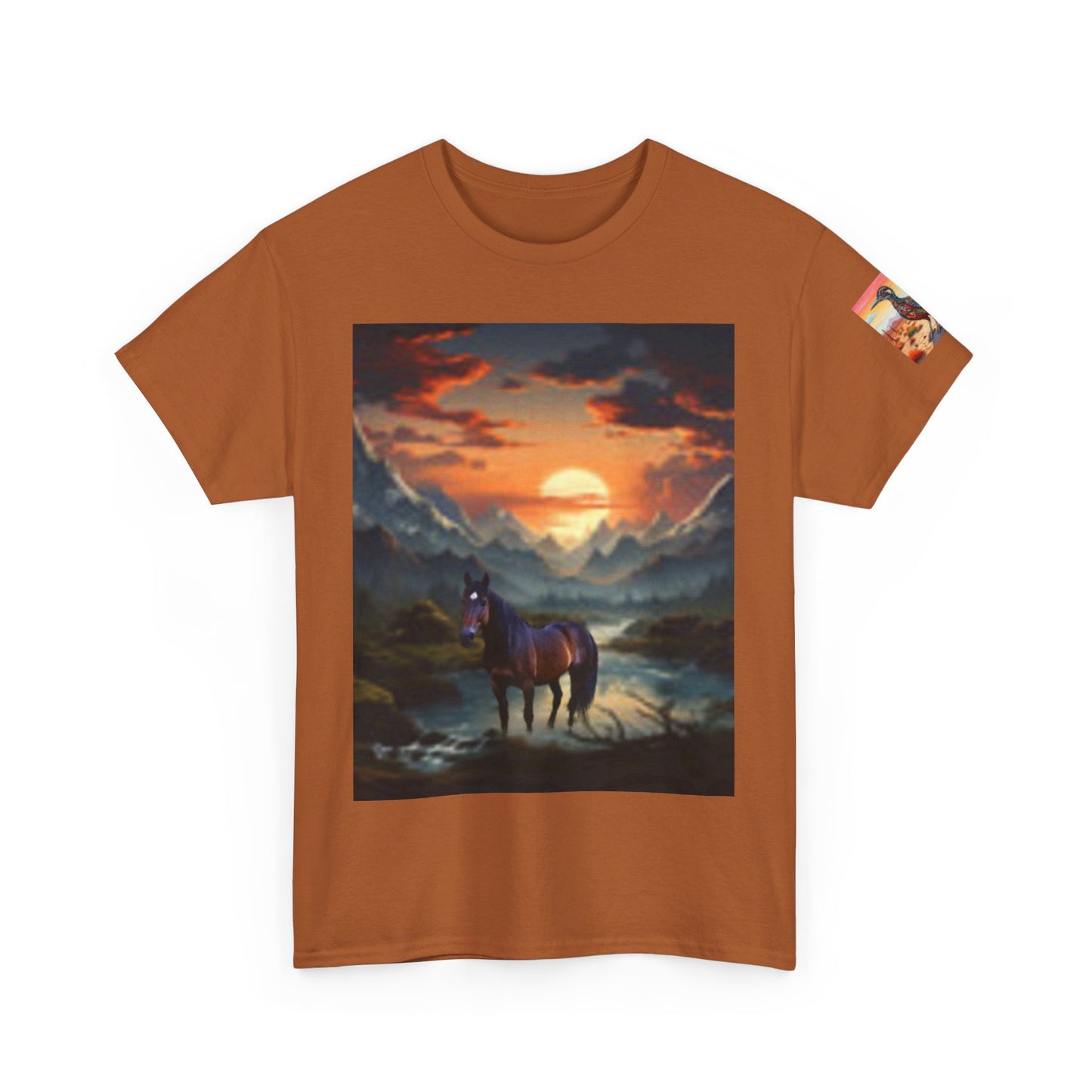 Camiseta unisex de algodón grueso Majestic Horse - Diseño Nature Sunset