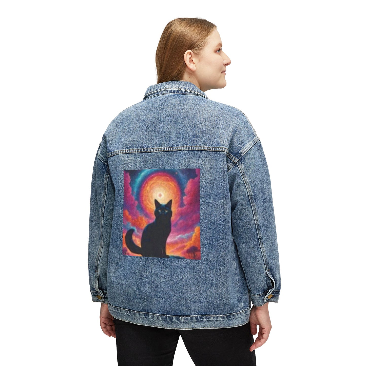 Chaqueta vaquera con estampado de gato bohemio para mujer: ropa informal de moda