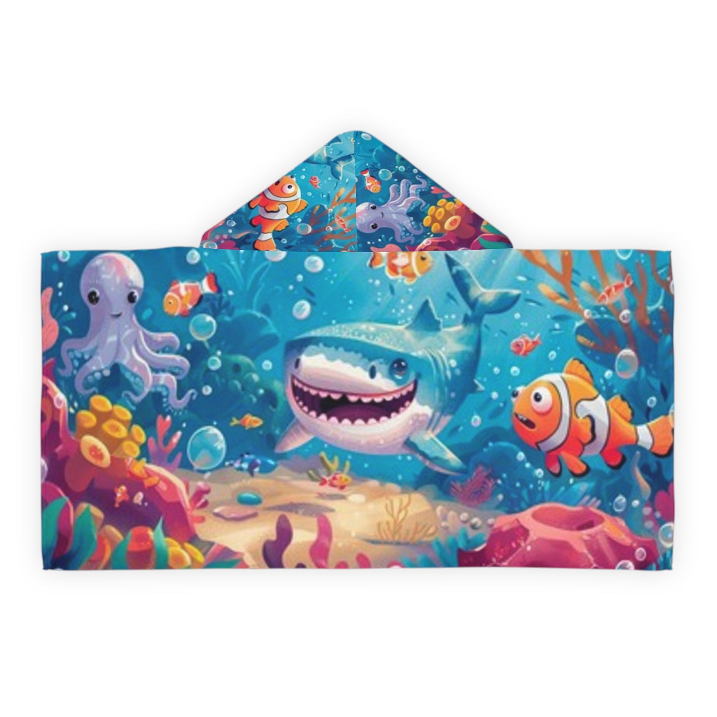 Toalla con capucha juvenil de aventura submarina - Diseño divertido de tiburón y pulpo