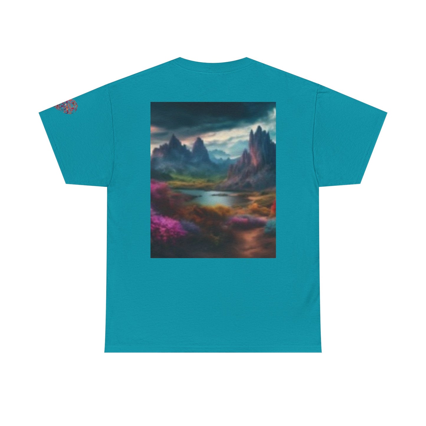 Camiseta unisex de algodón grueso Artistic Wilderness: diseño vibrante de aves y paisaje escénico