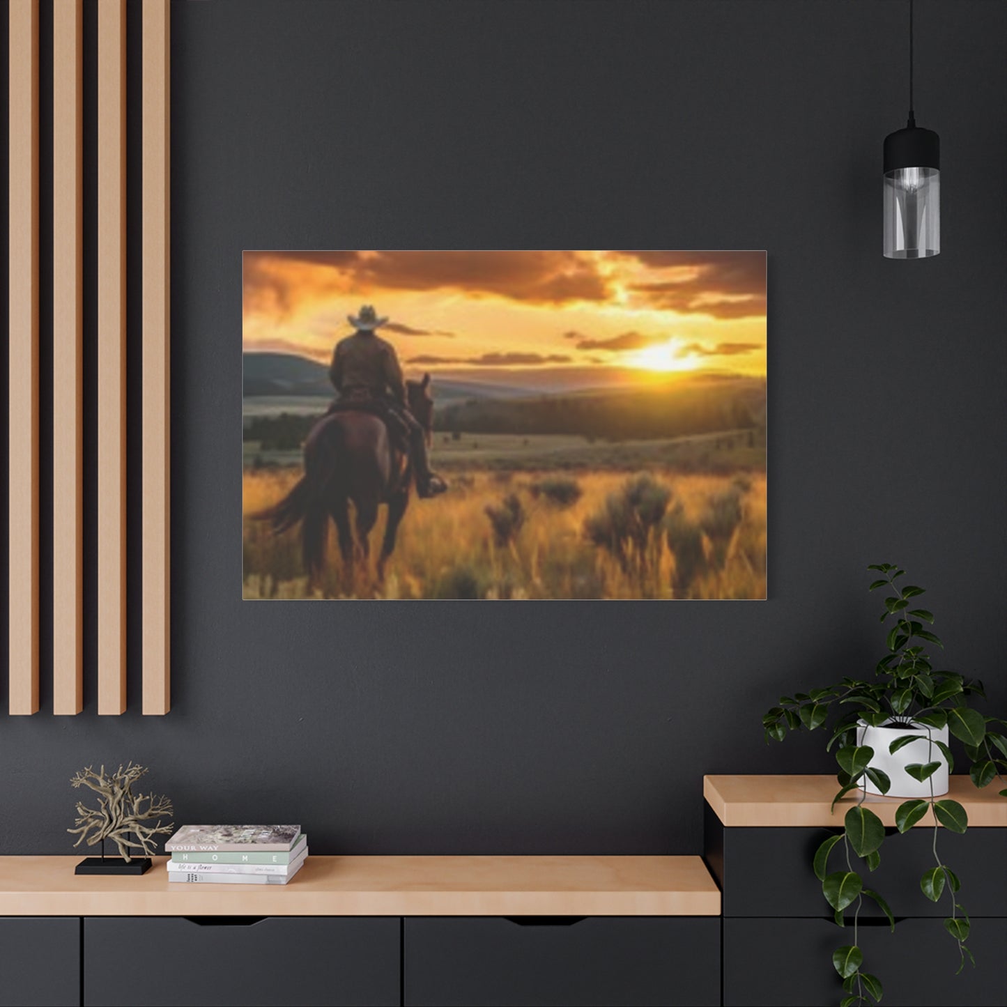 Arte de pared enmarcado - Impresión en lienzo "Atardecer vaquero"