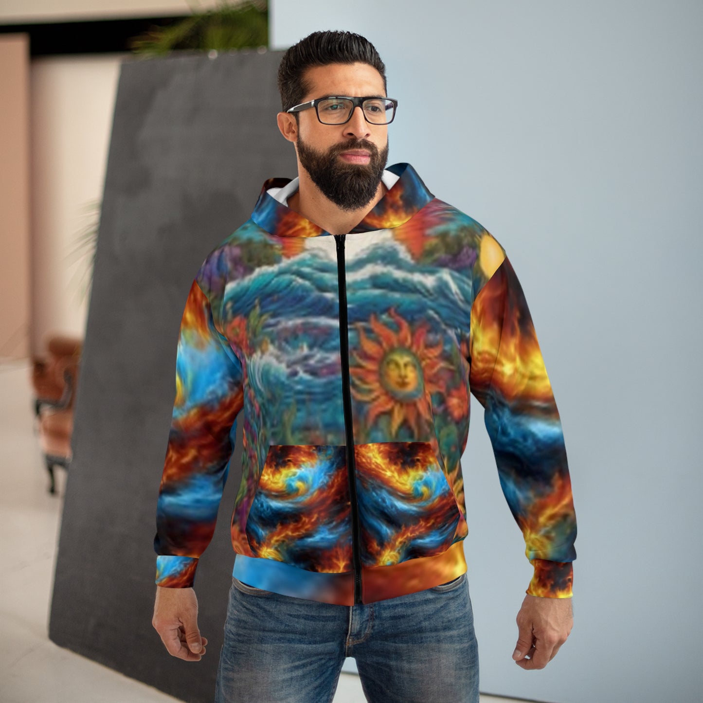 Sudadera con capucha y cremallera con diseño de girasol grande y puesta de sol