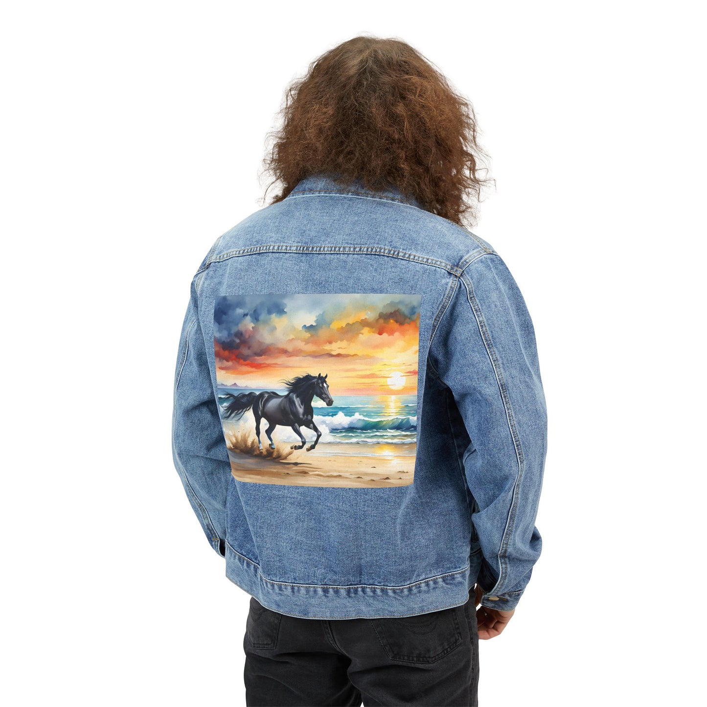 Chaqueta vaquera para hombre con diseño de caballo y atardecer