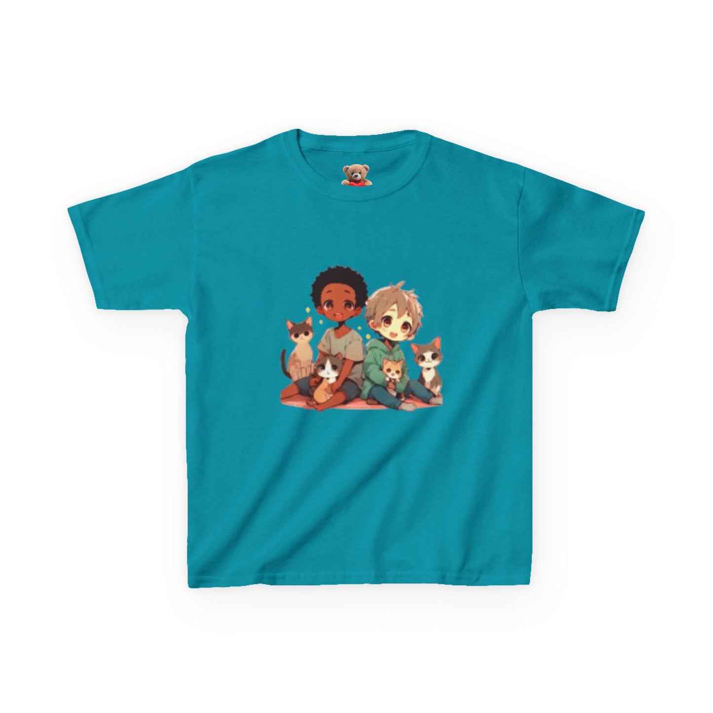 Children with Cats & Heart Kids Heavy Cotton T-shirt Looking Fabulous!