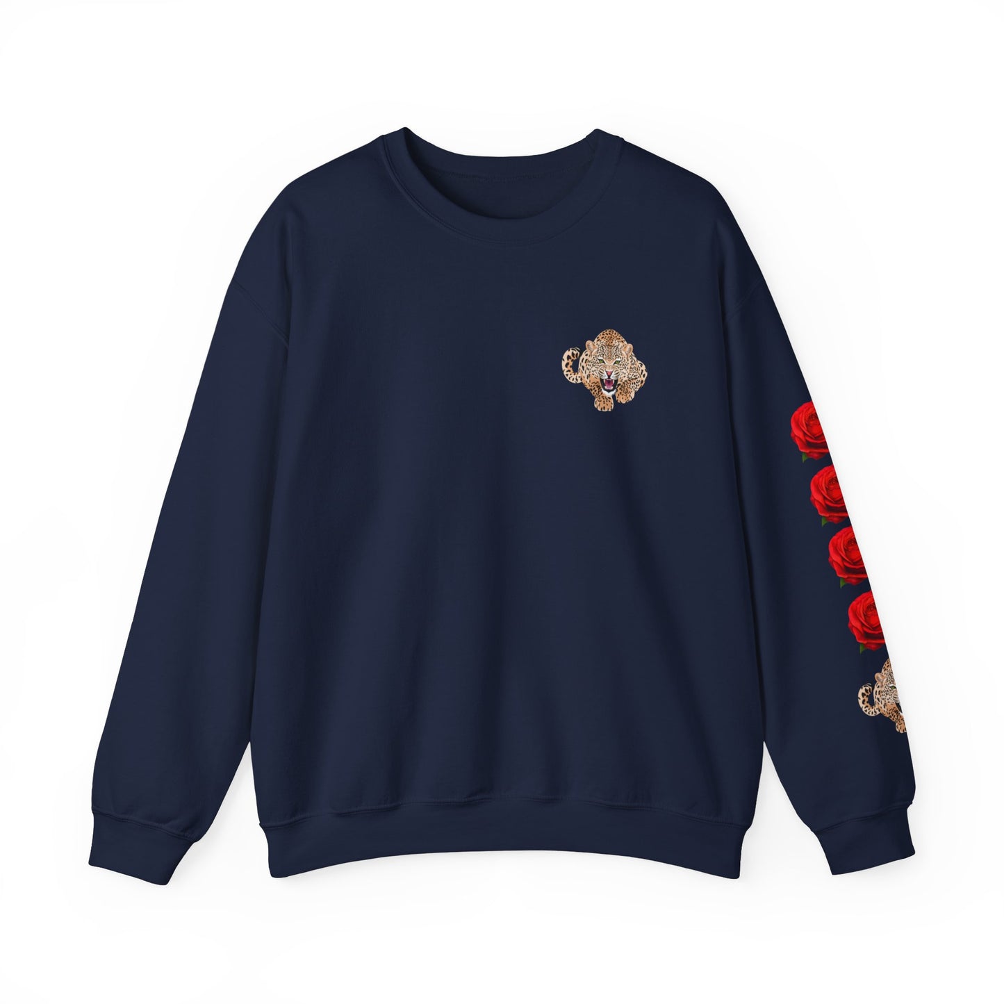 Sudadera unisex de cuello redondo con estampado de leopardo y rosa vibrantes: perfecta para salidas informales