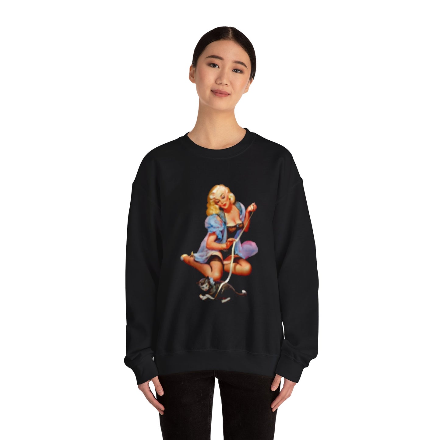 Sudadera retro sexy mujer en lencería con gato