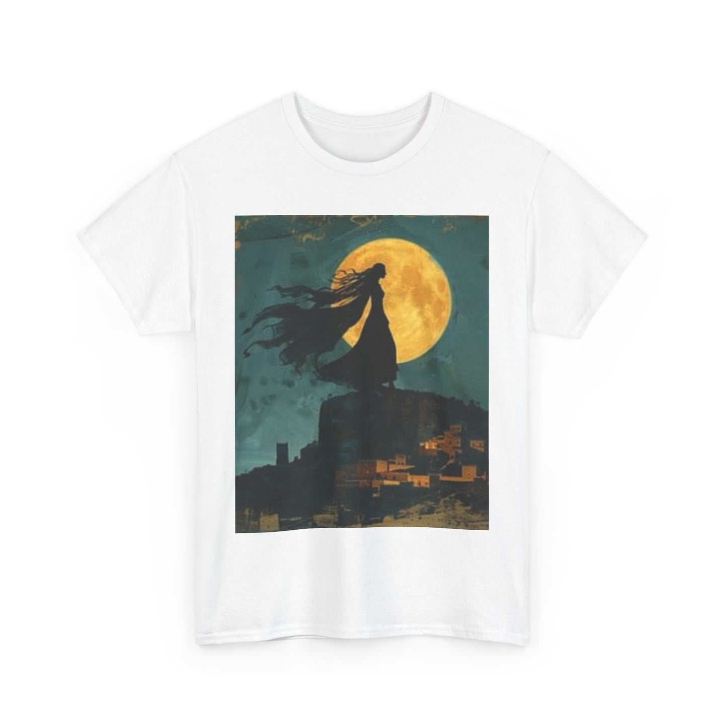 Camiseta unisex de algodón grueso con diseño de Luna Mística y Pájaro - Diseño Noche Encantada