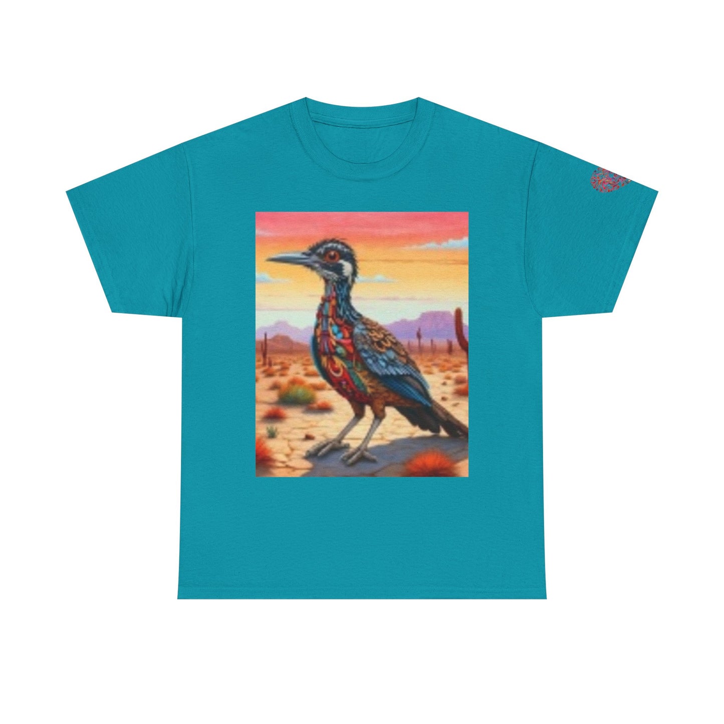 Camiseta unisex de algodón grueso Artistic Wilderness: diseño vibrante de aves y paisaje escénico