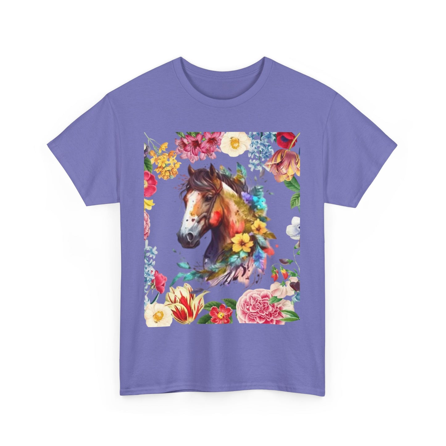 Camiseta unisex de algodón grueso con diseño de caballo floral: regalo para amantes de la naturaleza, perfecta para primavera y verano.