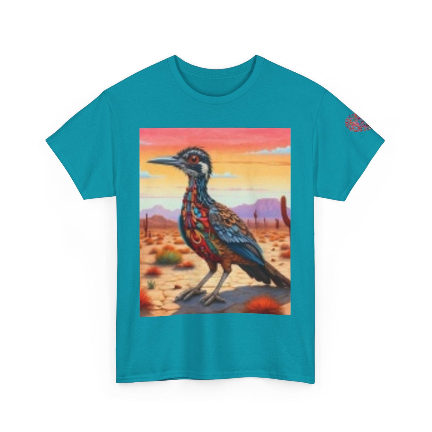 Camiseta unisex de algodón grueso Artistic Wilderness: diseño vibrante de aves y paisaje escénico
