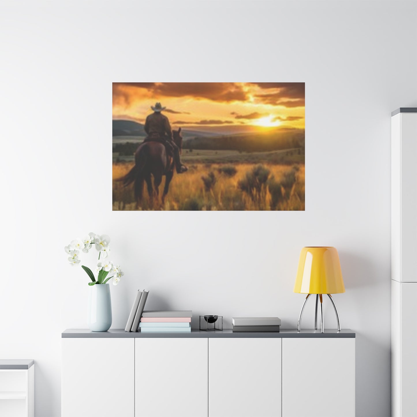 Arte de pared enmarcado - Impresión en lienzo "Atardecer vaquero"