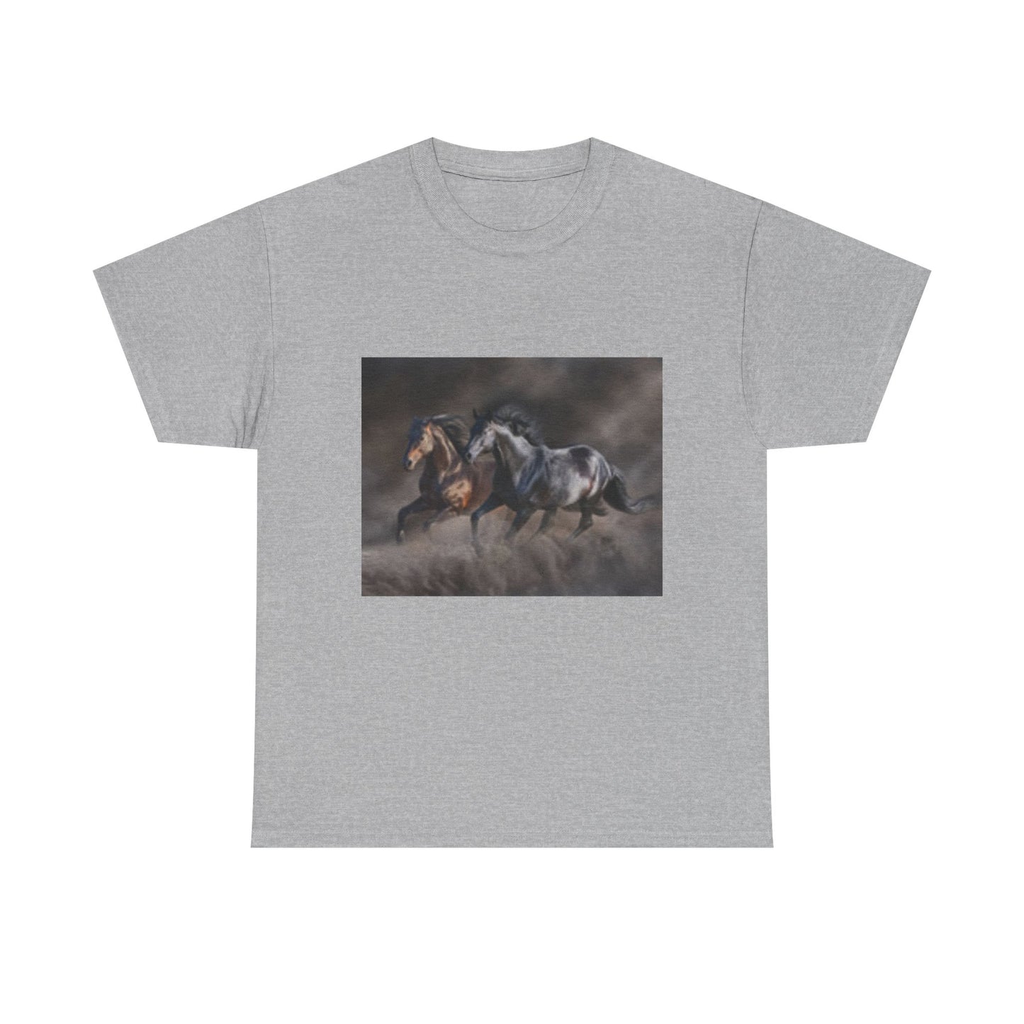 Camiseta unisex de algodón grueso con caballos al galope: ideal para amantes de la equitación.