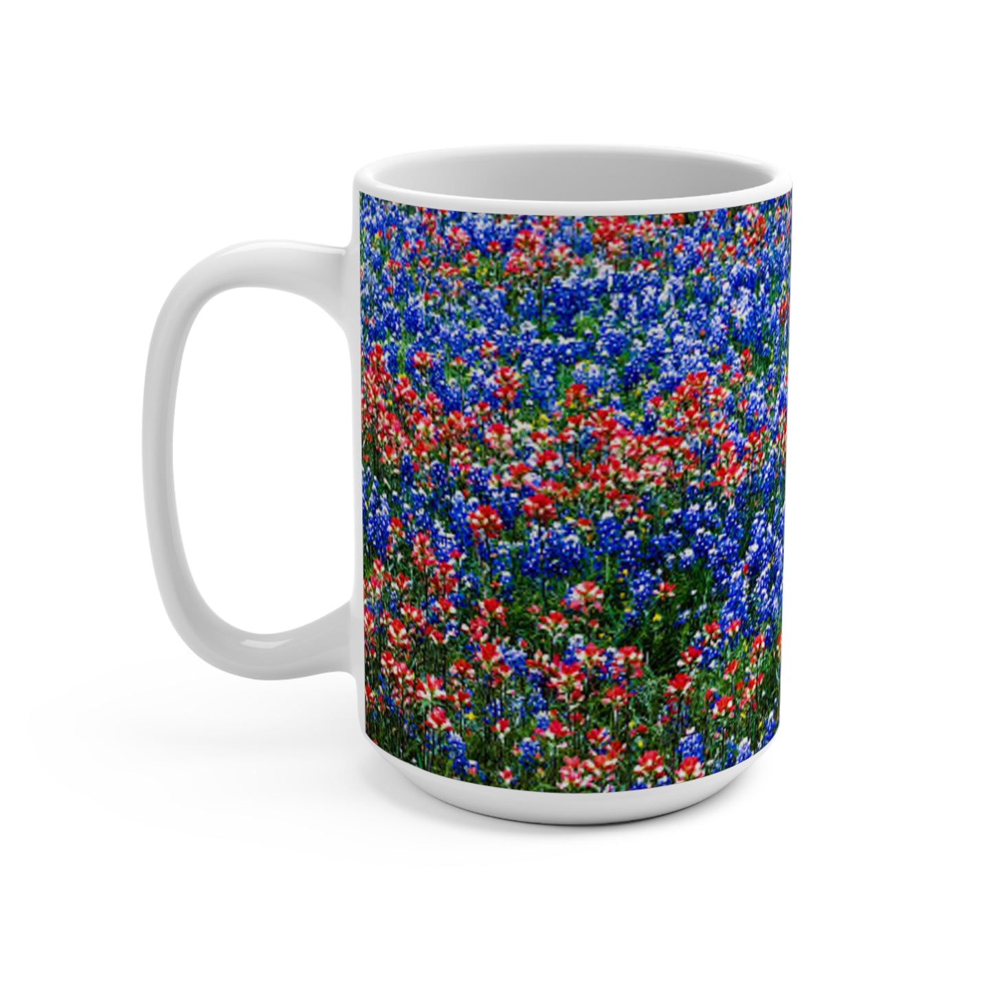 Taza de 15 oz con un vibrante campo de flores: perfecta para amantes de la jardinería y la naturaleza.
