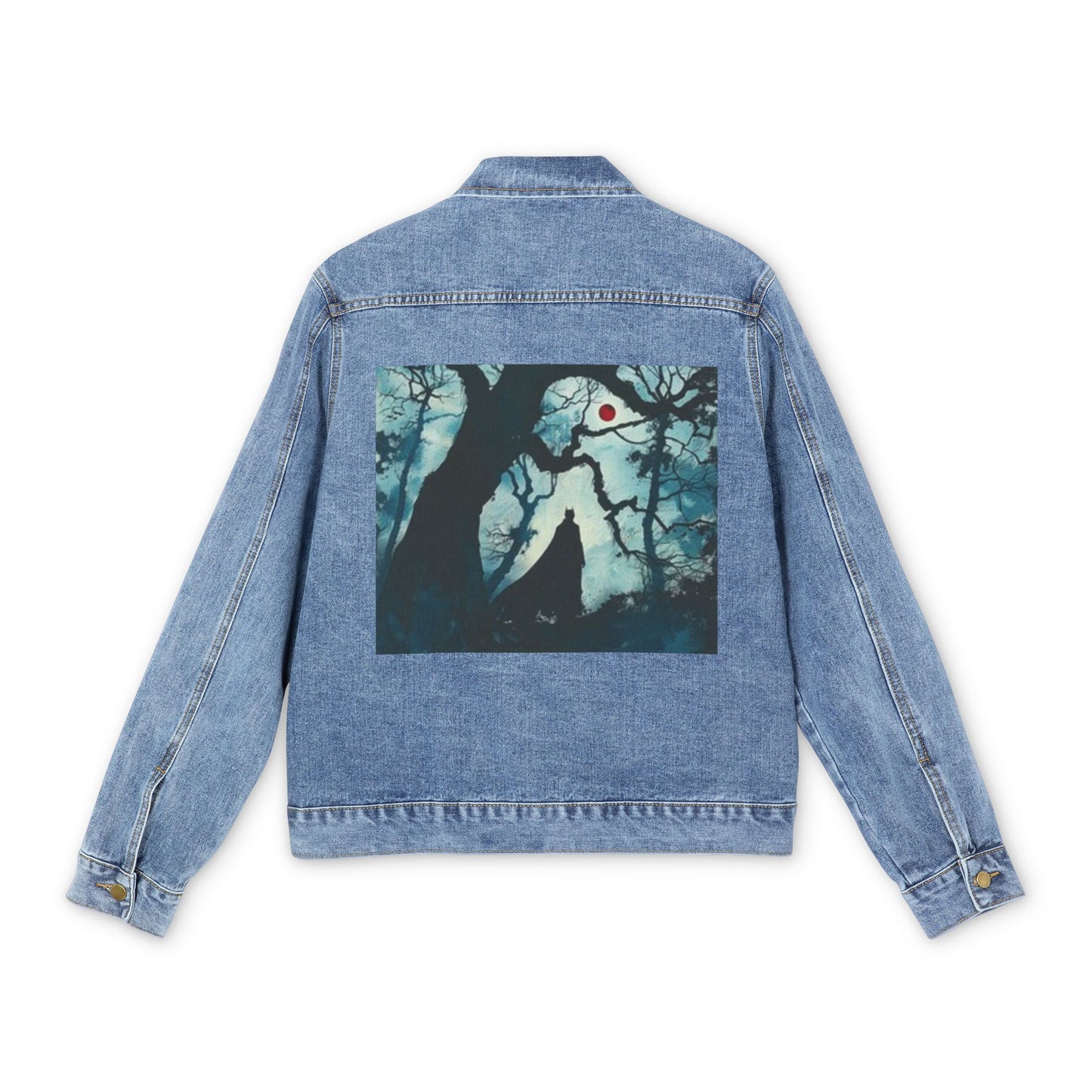 Chaqueta vaquera artística para hombre: silueta de Batman con diseño forestal único