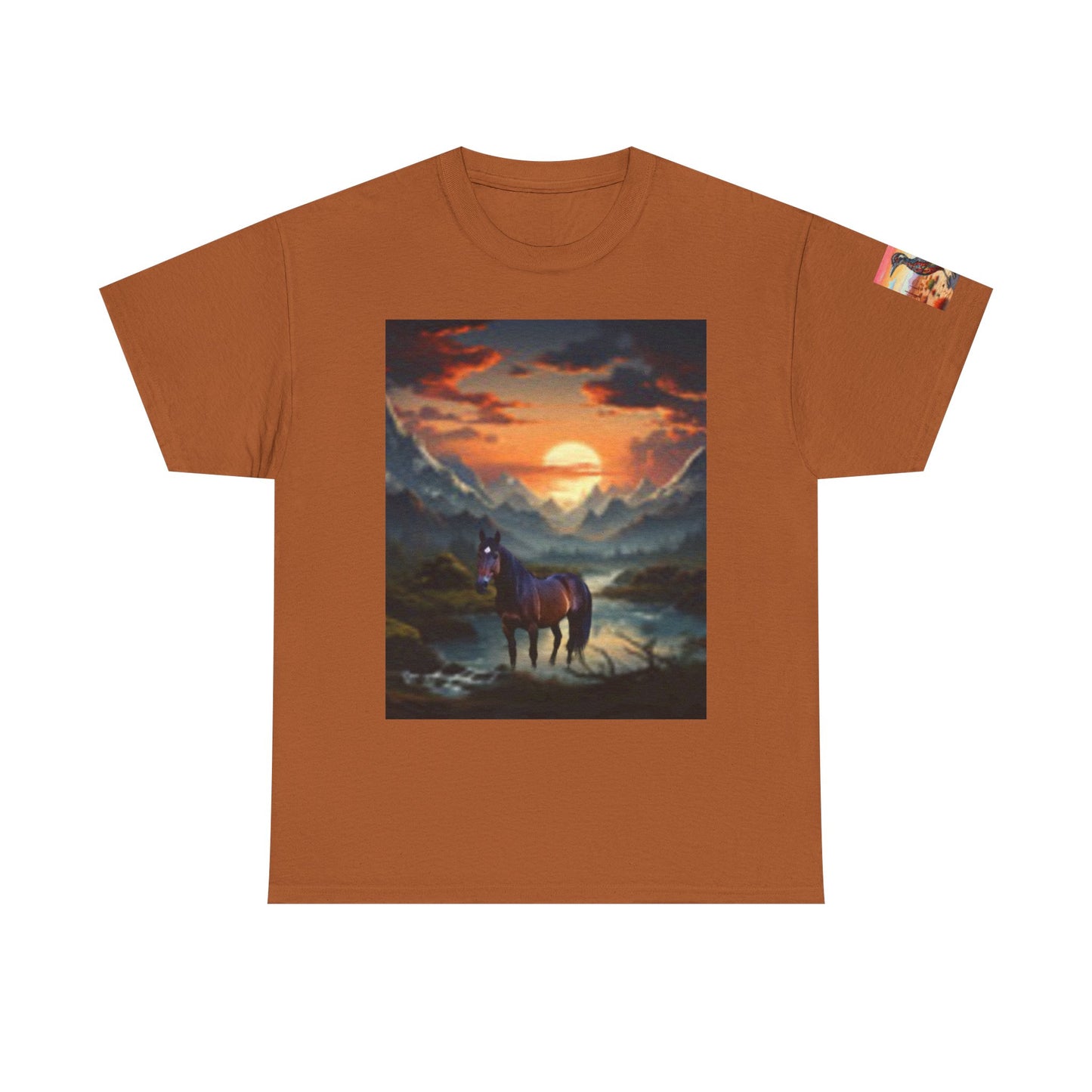 Camiseta unisex de algodón grueso Majestic Horse - Diseño Nature Sunset