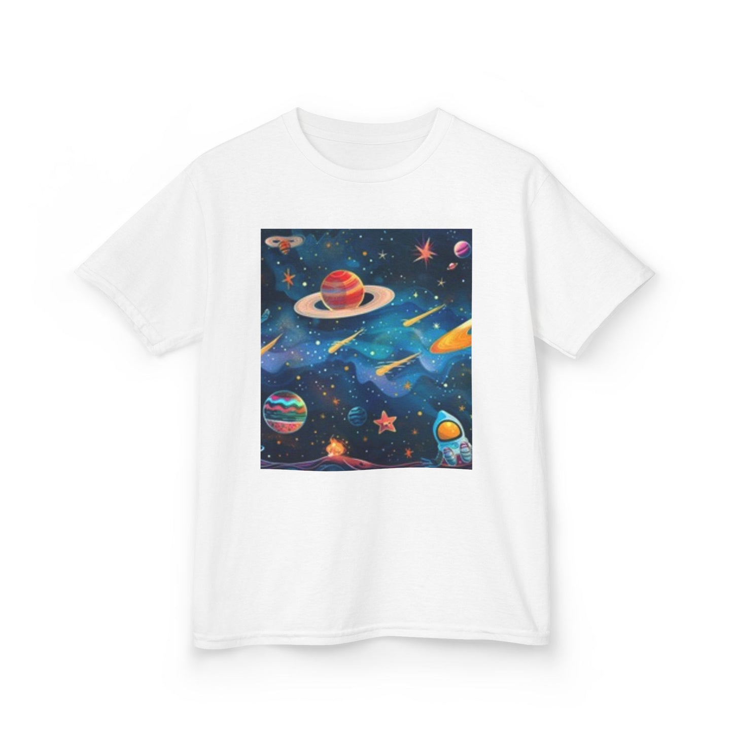 Camiseta infantil de aventura espacial: diseño cósmico colorido para jóvenes exploradores